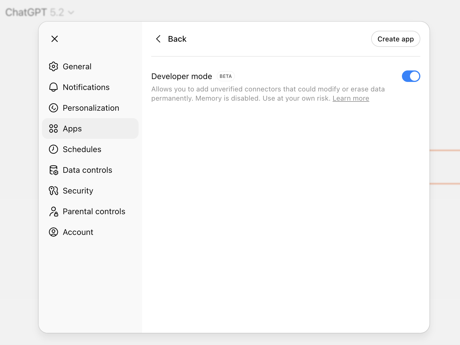 ChatGPT Developer Mode settings