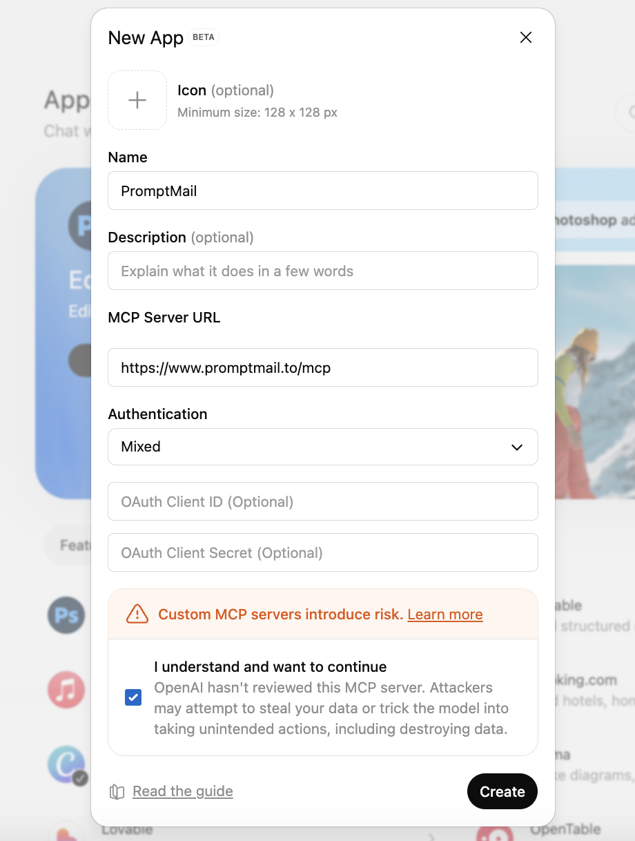 Add PromptMail as an App/Connector